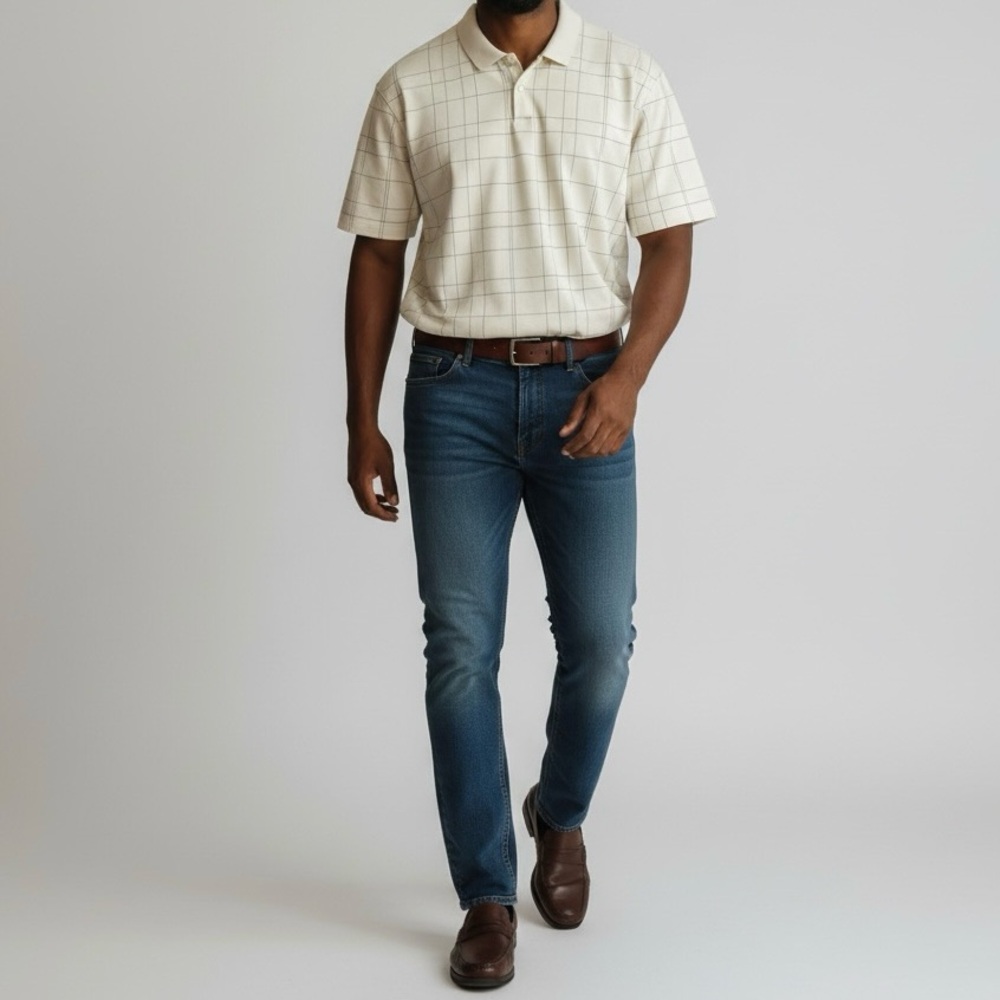 Van Heusen Flex Classic Fit Polo XXL Cream Geometric Plaid Print